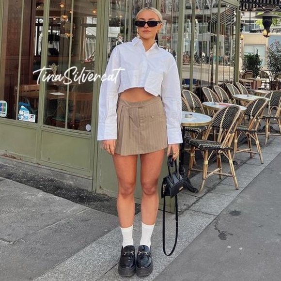 BLOGGER'S FAVE! Zara Set Pinstripe Box Pleat Skirt And Vest Brown NWT - Picture 10 of 17